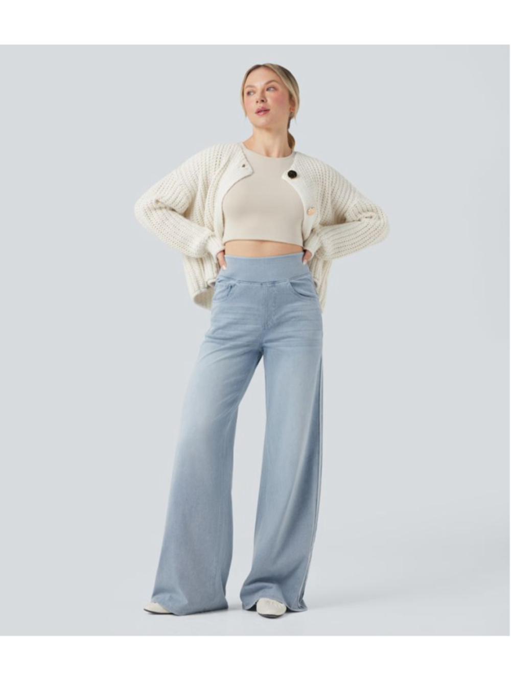 Halara Flex™ High Waisted Stripe Wide Leg Flowy Washed Casual Jeans Light Blue M - Picture 5 of 14